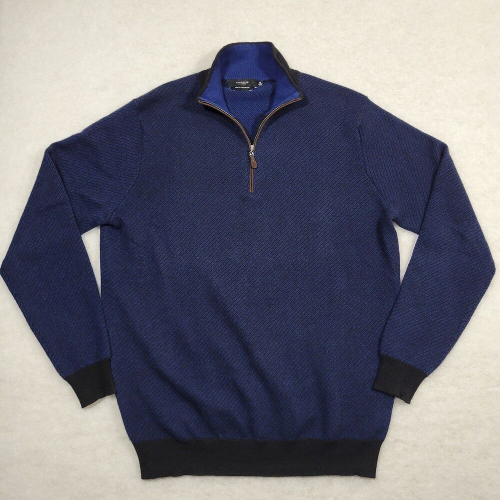 Kinross Cashmere Sweater Diagonal Stripe Mens M 1/4 Zip Mock Neck Pullover Knit